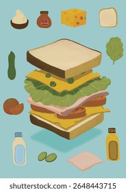 Uma ilustração vetorial de um cartaz de uma receita em sanduíche