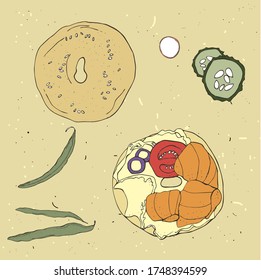 ilustración vectorial de un sándwich en un bagel redondo de pescado con aceite, aceitunas, tomate, así como judías, rábanos, pepino.