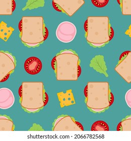 Vector illustration of a sandwich seamless pattern which can be used for a textile, background, packaging, napkin, etc.