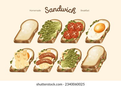 vector illustration of sandwich set ,
Sandwich Homemade, Fastfood, breakfast, avocado, egg, sausage,
French toast, cheese ,tomato, fried egg