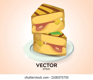 Vector illustration of sandwich slices on plate, delicious juicy sandwich slices stuffed with vegetables, cheese, meat, bacon. Vector illustration in flat cartoon style