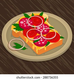 Vector illustration of a sandwich with slices of sausages, tomatoes, onion rings and rocket salad with melted cheese on big plate on wooden background