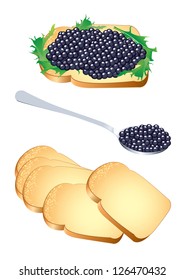Vector illustration of a sandwich and a spoon with black caviar