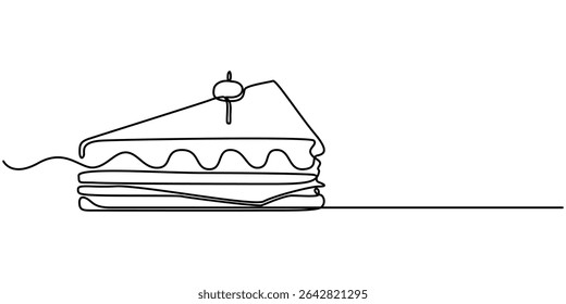  Vector illustration of sandwich in trendy outline style with colors, One Continuous Line Drawing of Sandwich Icon. Single Line Vector Illustration. 