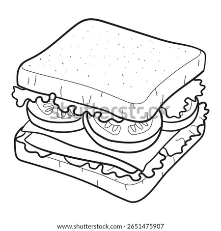 Vector illustration of a sandwich with two slices of bread, lettuce, tomato, and cheese. Clean black and white line drawing