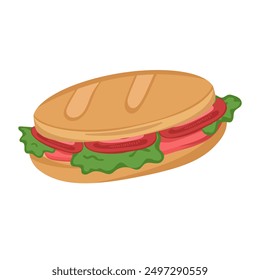 Vector illustration of a sandwich with vegetables and sausage. Image of bread with filling isolated on a white background. Colored logo. Square illustration with buttery food.