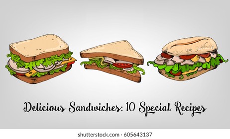 Vector illustration of sandwiches set retro sketch style