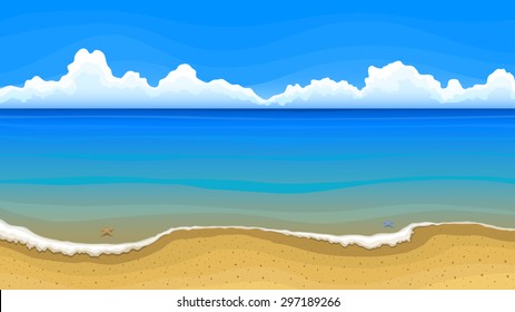 Vector illustration. Sandy beach with azure sea water and white clouds on horizon