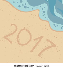 Vector illustration of a sandy beach with azure foamy wave, 2017 handwritten on the sand. A design element for vacation. New Years Eve invitation or card. Close-up of sand and sea, top view.