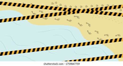 ilustración vectorial de la playa de arena con cintas de construcción para restricciones de vacaciones de verano posteriores a la cuarentena