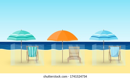 Vector illustration of sandy beach with isolated chairs, umbrellas. Sea background. Beach chairs with safe social distancing 2 m. Summer vacation concept, reopening beach after coronavirus Covid-19. 