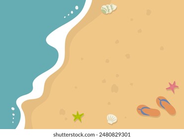 Vector illustration of a sandy beach with shells, starfish and flip flops