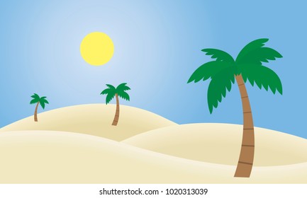 Vector illustration of a sandy desert with dunes and palms, under a blue sky with shining sun