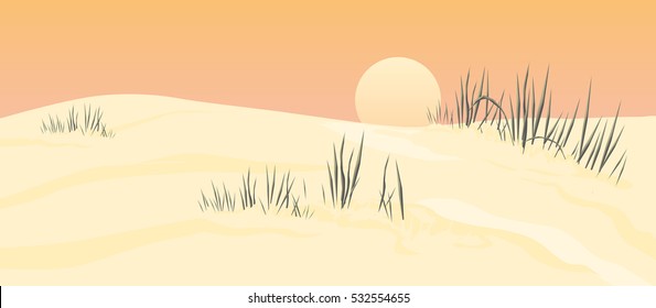 Vector illustration a sandy dune in a desert or at a beach with wonderful view on the sunset romantic sunset ambiance
