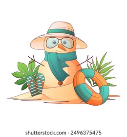 Vector illustration of sandy snowman with glasses, hat, flip flops, tropical leaves, water balloon. Summer holiday composition. Recreation, vacation concept.