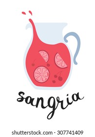 Vector illustration of sangria  jug with handle and lettering on isolated white  background
