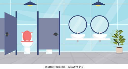 Ilustración vectorial de una instalación sanitaria al estilo de las caricaturas. Cuarto de baño, lámpara, maceta y lavabo con espejo. Espacio para la higiene personal, la relajación y la limpieza del cuerpo.