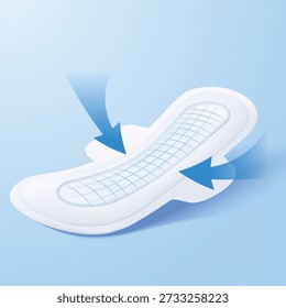 Vector illustration of a sanitary pad with blue arrows pointing inward. Symbolizes side leak protection, anti-leak barriers, and fluid locking technology for secure menstrual comfort