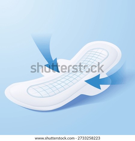 Vector illustration of a sanitary pad with blue arrows pointing inward. Symbolizes side leak protection, anti-leak barriers, and fluid locking technology for secure menstrual comfort