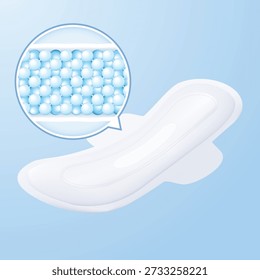 Ilustración vectorial de una toalla sanitaria con una burbuja de zoom circular que revela el núcleo interno lleno de perlas azules de polímero súper absorbente (SAP). Concepto para tecnología de higiene femenina.