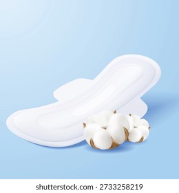 Vector illustration of a sanitary pad next to natural cotton flowers. Symbolizes organic material, hypoallergenic softness, and gentle breathable protection for sensitive skin