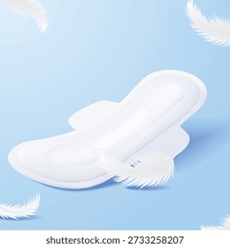 Vector illustration of a sanitary pad surrounded by floating white feathers. Symbolizes extra soft texture, lightweight comfort, and gentle protection for sensitive skin