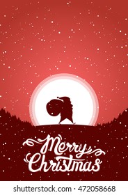 Vector illustration: Santa bearing gifts on the background of the moon and lettering of Merry Christmas.