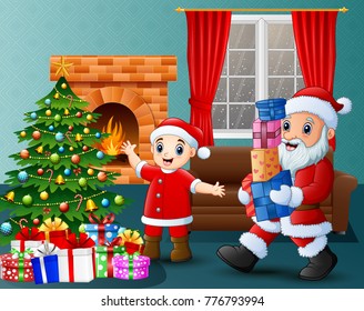 Vector illustration of Santa bringing gift box and kid in the living room with christmas and new year decoration