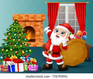 Vector illustration of Santa bringing a sack of candy in the living room with christmas and new year decoration