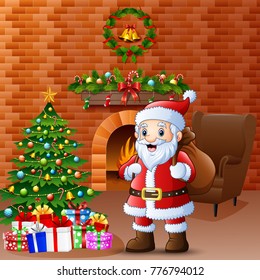 Vector illustration of Santa bringing sack in the living room with christmas and new year decoration