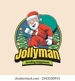 Vector Illustration of Santa Brings A Sack Of Gifts Riding A Skateboard with Retro Mascot Illustration Available for Logo Badge