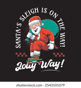 Vector Illustration of Santa Brings A Sack Of Gifts Riding A Skateboard with Retro Mascot Illustration Available for Tshirt Design