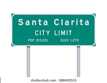 Vector illustration of the Santa Clarita City Limit green road sign on metallic posts