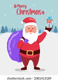 Ilustración vectorial de santa claus acercándose con una bolsa o un saco de regalos y sosteniendo una caja de regalo envuelta en sus manos en Navidad y deseándonos feliz navidad. 