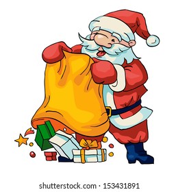 Vector Illustration of Santa Claus with a bag of gifts.