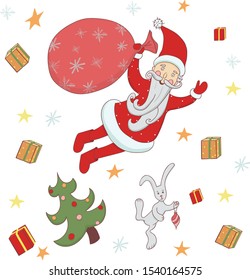 Vector illustration. Santa Claus with bag of gifts and rabbit