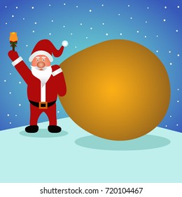 Vector illustration of santa claus  with a bag gifts in snow.Place for text. Merry Christmas 
