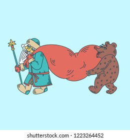 vector illustration. Santa Claus and the bear with a bag of gifts