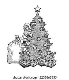 Vector illustration of Santa Claus behind Christmas tree