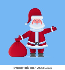 Vector illustration with Santa Claus with a big bag of gifts, in bright red clothes, with a luxurious beard, who greets us with his hand..