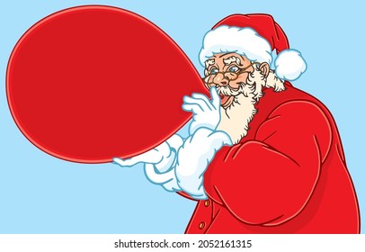 Vector illustration of Santa Claus blowing up huge red air balloon for Christmas decorations, happy holidays, isolated on blue background, Celebrate, Merry Christmas, Happy New Year concept.