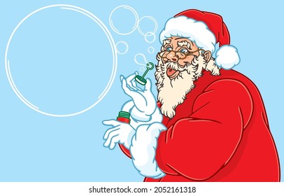 Vector illustration of Santa Claus blowing soap bubbles with empty space to enter text, Christmas decorations, happy holidays, isolated on blue background, Celebrate, Merry Christmas,New Year concept.