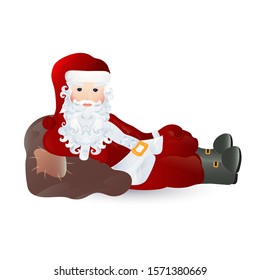 Vector illustration with Santa Claus in bright red clothes with a luxurious beard with frosty patterns, which lies on the bag.