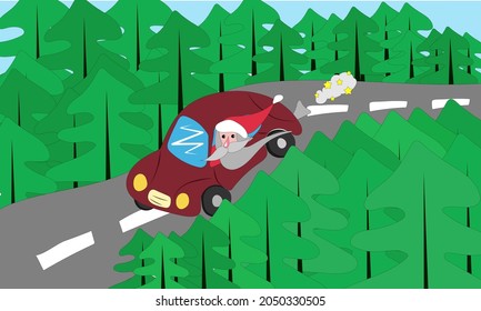 vector illustration of santa Claus by car in the forest