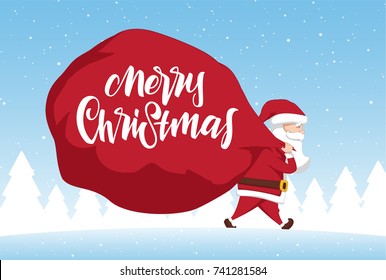 Vector illustration: Santa Claus carries a heavy bag full of gifts on winter landscape background. Cartoon scene. Handwritten lettering of Merry Christmas.