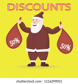 Vector Illustration of Santa Claus carrying sack full of gifts AND NEW YEAR DISCOUNT 50%.