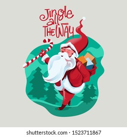 Vector Illustration of Santa Claus carrying sack full of gifts of present box, candy cane, holly berry and toy
