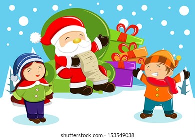 A vector illustration of Santa Claus carrying present bags and holding a name list with kids around him