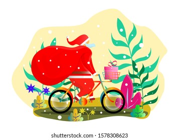 Vector illustration of Santa Claus carrying a sack full of gifts by riding a bicycle- Vector