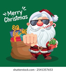 Vector illustration of Santa Claus carrying a bag of Christmas gifts on a snowy Christmas night with a green background